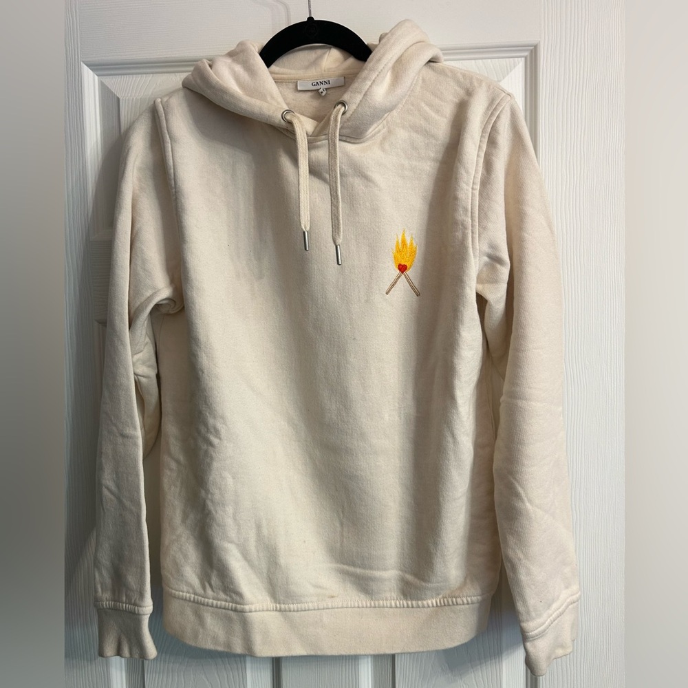 Ganni Cream Hoodie with Heart Match Flame Embroidery